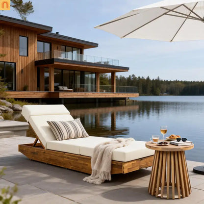 Chaise Lounge Acacia Wood Teak Beige Cushion Foldable 300 LB 79.6in