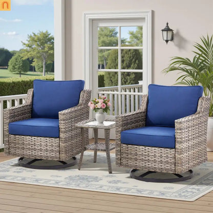 Outdoor Swivel Chair Set PE Rattan Gray 3 Piece Glass Top Side Table