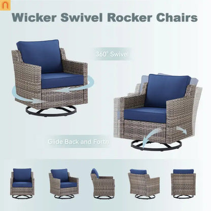 Outdoor Swivel Chair Set PE Rattan Gray 3 Piece Glass Top Side Table