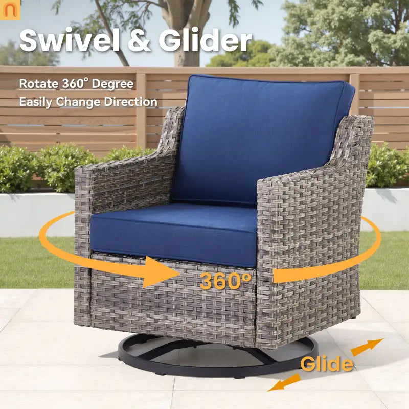 Outdoor Swivel Chair Set PE Rattan Gray 3 Piece Glass Top Side Table