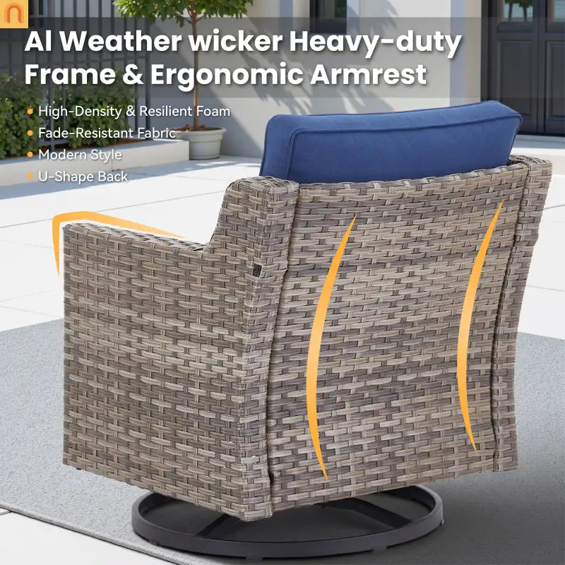 Outdoor Swivel Chair Set PE Rattan Gray 3 Piece Glass Top Side Table