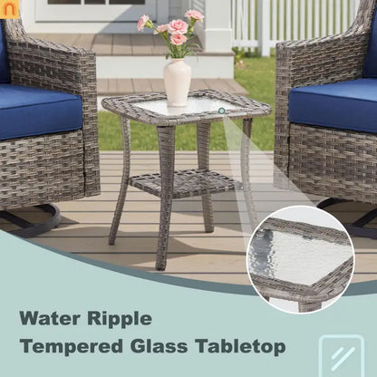 Outdoor Swivel Chair Set PE Rattan Gray 3 Piece Glass Top Side Table