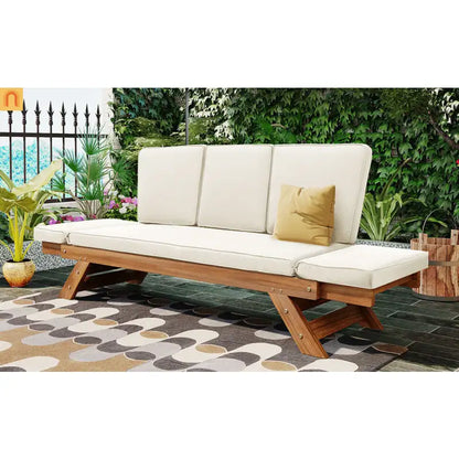 Outdoor Sofa Daybed Acacia Wood Natural Beige Cushion Adjustable 3 Pos