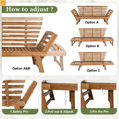 Outdoor Sofa Daybed Acacia Wood Natural Beige Cushion Adjustable 3 Pos