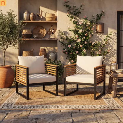 Outdoor Chair Acacia Wood Steel Set of 2 Cushioned