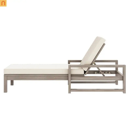 Chaise Lounge Acacia Wood Gray Beige Cushion 5 Position 400 LB