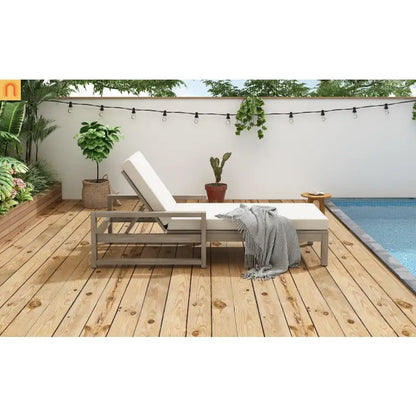 Chaise Lounge Acacia Wood Gray Beige Cushion 5 Position 400 LB