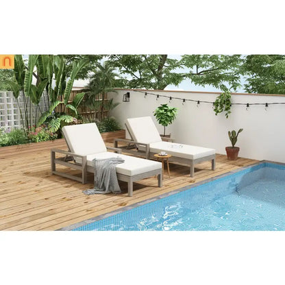 Chaise Lounge Acacia Wood Gray Beige Cushion 5 Position 400 LB