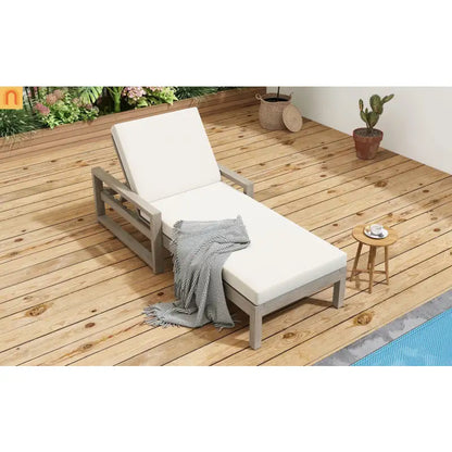 Chaise Lounge Acacia Wood Gray Beige Cushion 5 Position 400 LB