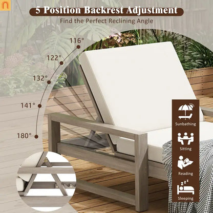 Chaise Lounge Acacia Wood Gray Beige Cushion 5 Position 400 LB