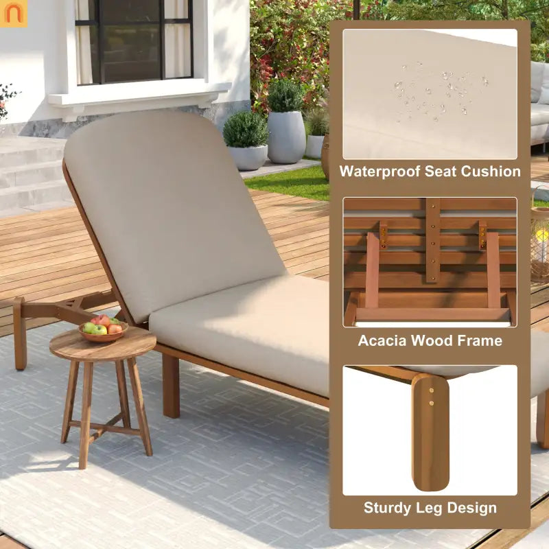 Chaise Lounge Acacia Wood Brown Cushion 3 Position 400 LB 76.3in