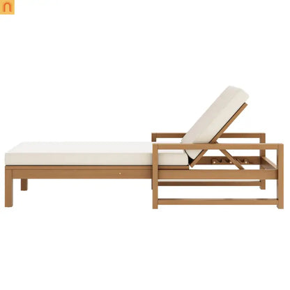 Chaise Lounge Acacia Wood Light Teak Beige Cushion 5 Position 400 LB