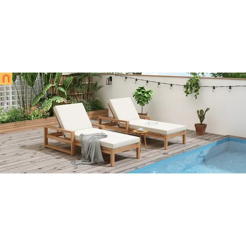 Chaise Lounge Acacia Wood Light Teak Beige Cushion 5 Position 400 LB