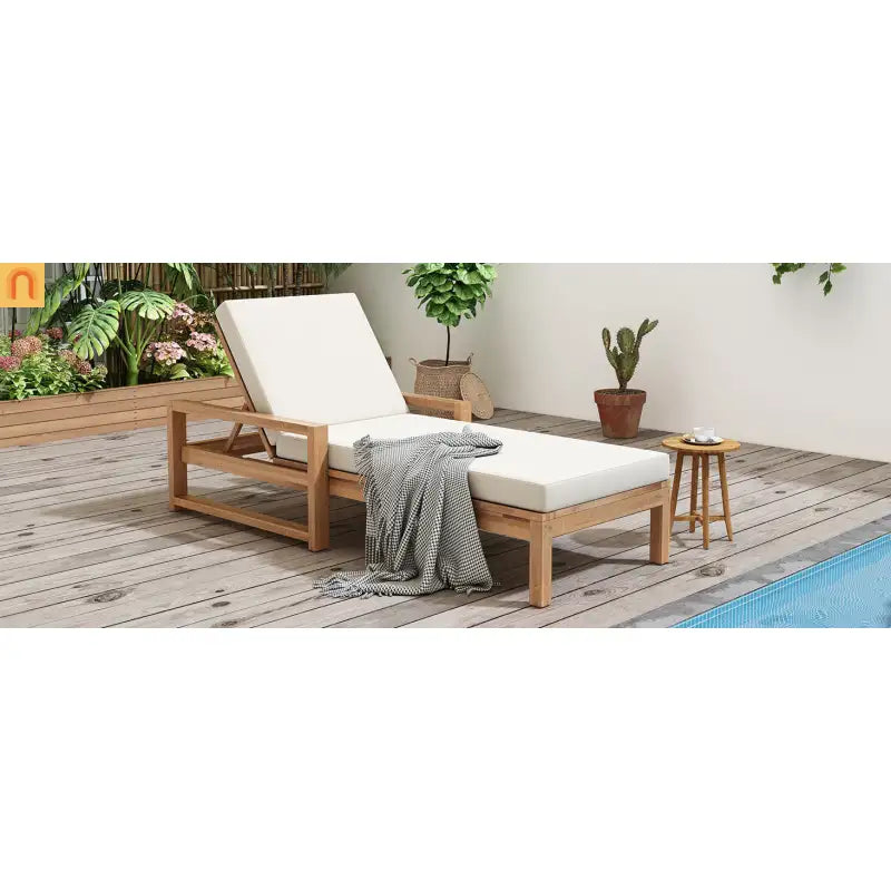 Chaise Lounge Acacia Wood Light Teak Beige Cushion 5 Position 400 LB