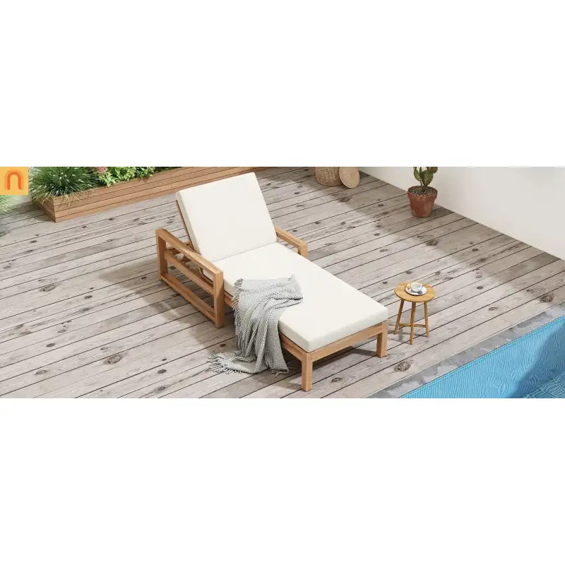 Chaise Lounge Acacia Wood Light Teak Beige Cushion 5 Position 400 LB