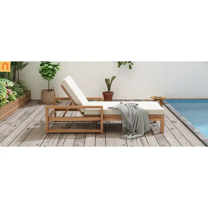 Chaise Lounge Acacia Wood Light Teak Beige Cushion 5 Position 400 LB