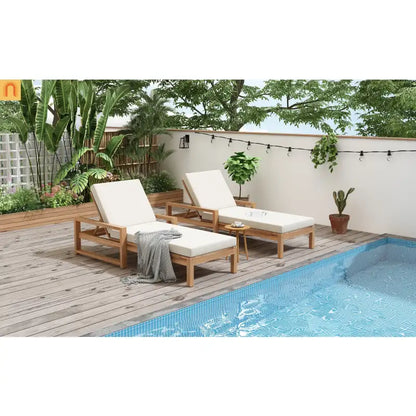 Chaise Lounge Acacia Wood Light Teak Beige Cushion 5 Position 400 LB