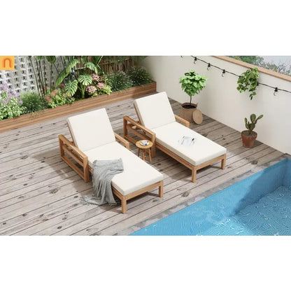 Chaise Lounge Acacia Wood Light Teak Beige Cushion 5 Position 400 LB