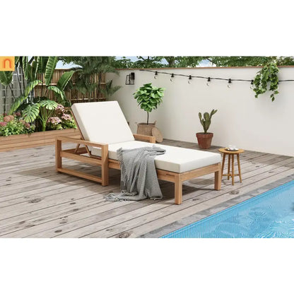Chaise Lounge Acacia Wood Light Teak Beige Cushion 5 Position 400 LB