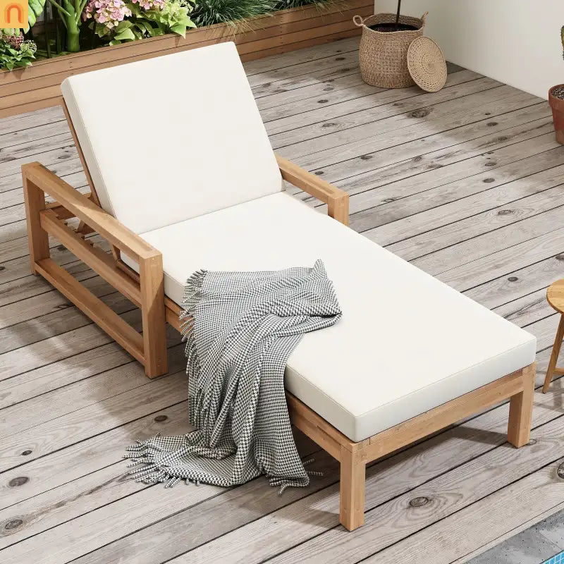 Chaise Lounge Acacia Wood Light Teak Beige Cushion 5 Position 400 LB