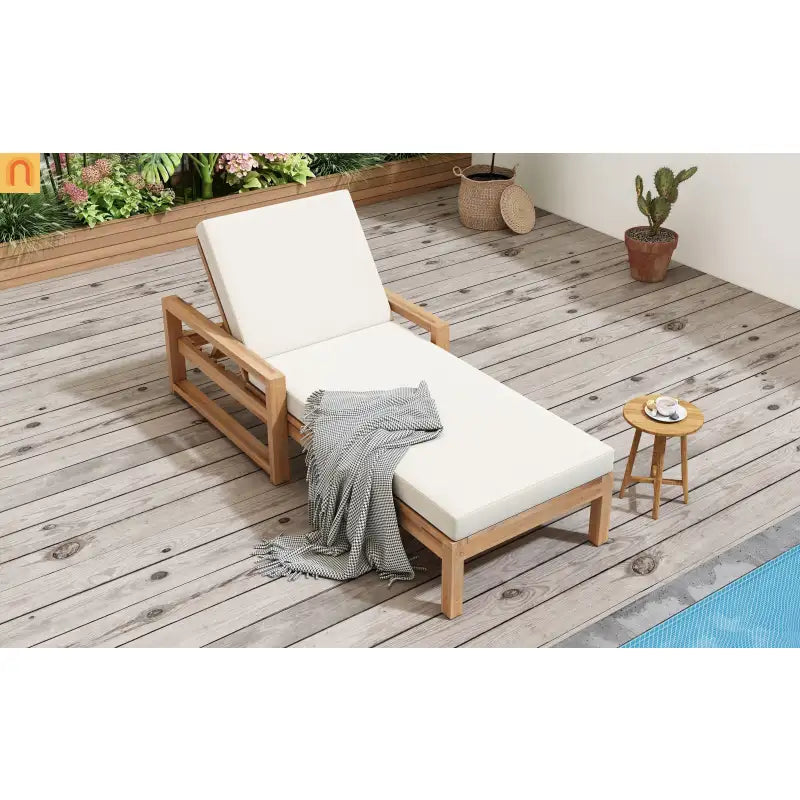 Chaise Lounge Acacia Wood Light Teak Beige Cushion 5 Position 400 LB