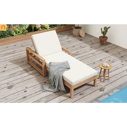 Chaise Lounge Acacia Wood Light Teak Beige Cushion 5 Position 400 LB