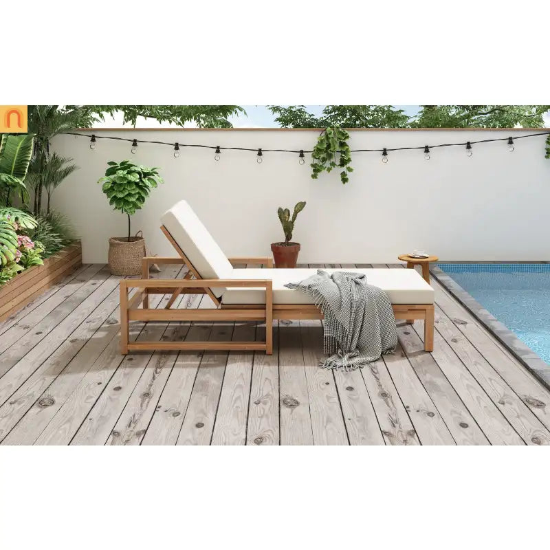 Chaise Lounge Acacia Wood Light Teak Beige Cushion 5 Position 400 LB