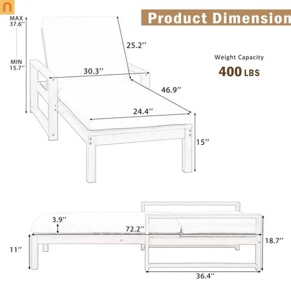 Chaise Lounge Acacia Wood Light Teak Beige Cushion 5 Position 400 LB