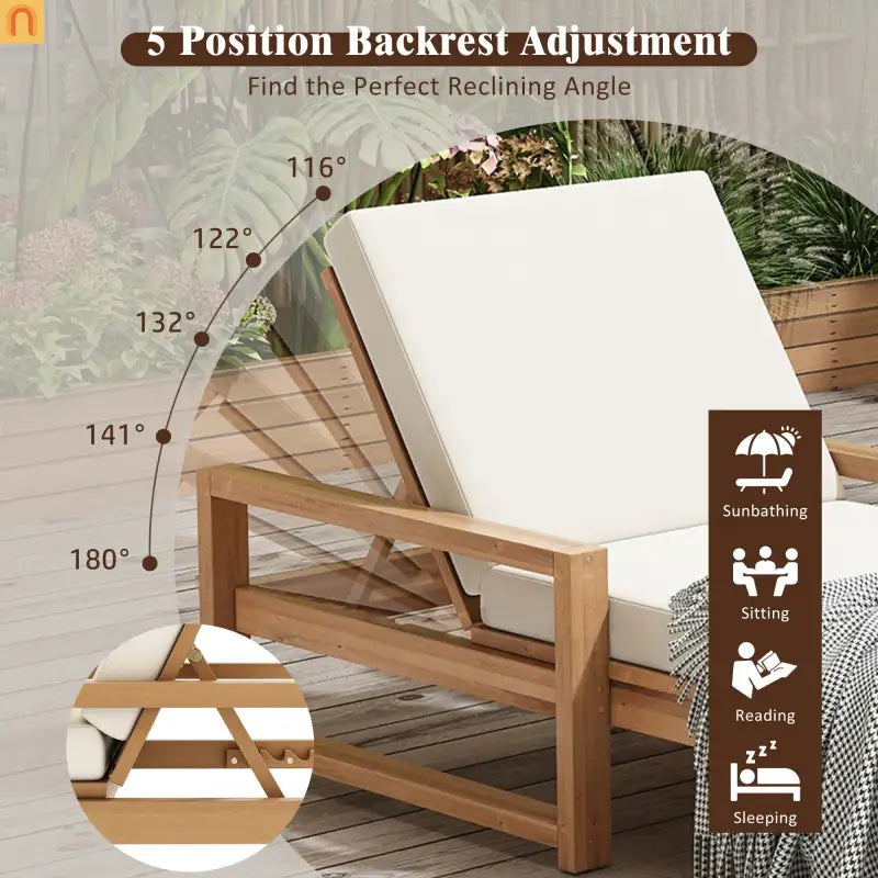 Chaise Lounge Acacia Wood Light Teak Beige Cushion 5 Position 400 LB