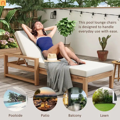 Chaise Lounge Acacia Wood Light Teak Beige Cushion 5 Position 400 LB