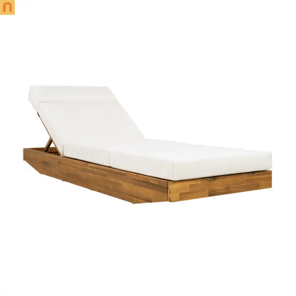 Chaise Lounge Acacia Wood Teak Cream Cushion Headrest 300 LB Foldable