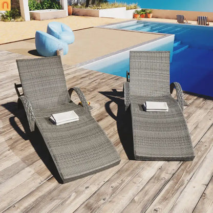 Chaise Lounge Wicker Steel Gray Wave Design Pull-Out Table 5 Position Set 2