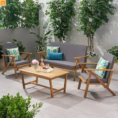 Outdoor Chat Set Acacia Wood Teak Gray Cushions 4-Piece
