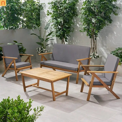 Outdoor Chat Set Acacia Wood Teak Gray Cushions 4-Piece
