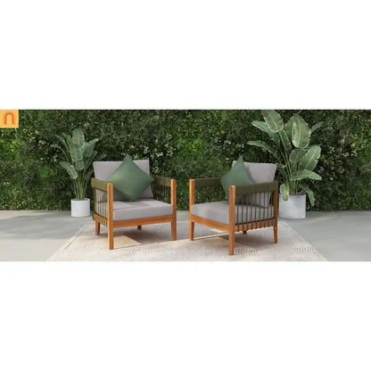 Outdoor Club Chair Set Acacia Wood Rope Accents Green Beige Set of 2