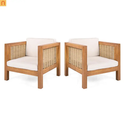Outdoor Club Chair Acacia Wood Wicker Teak Beige Cushion Set of 2 400 LB