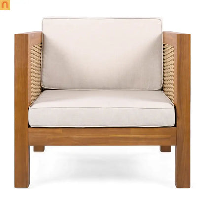 Outdoor Club Chair Acacia Wood Wicker Teak Beige Cushion Set of 2 400 LB