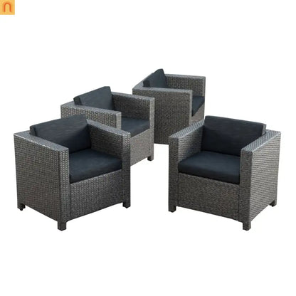 Outdoor Club Chair Faux Rattan Black Cushion Water Resistant Set of 4