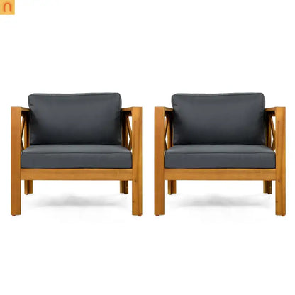 Outdoor Club Chair Set Acacia Wood Teak Dark Gray Cushions Set of 2