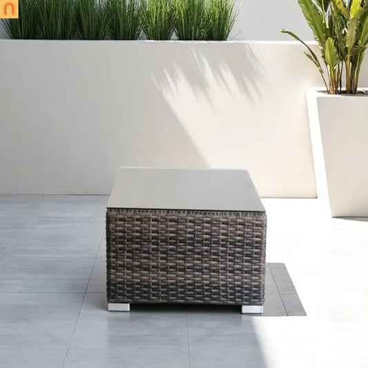 Outdoor Coffee Table Square HDPE Wicker Brown Tempered Glass 28x28in