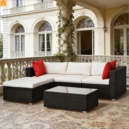 5 Piece PE Rattan Outdoor Sectional Set Brown Cream