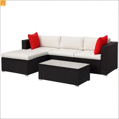 5 Piece PE Rattan Outdoor Sectional Set Brown Cream