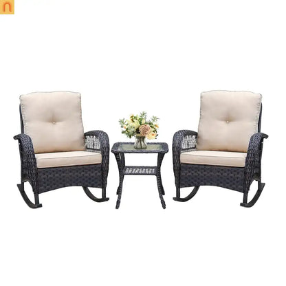 Outdoor Bistro Set PE Wicker Rocker Brown 3 Piece