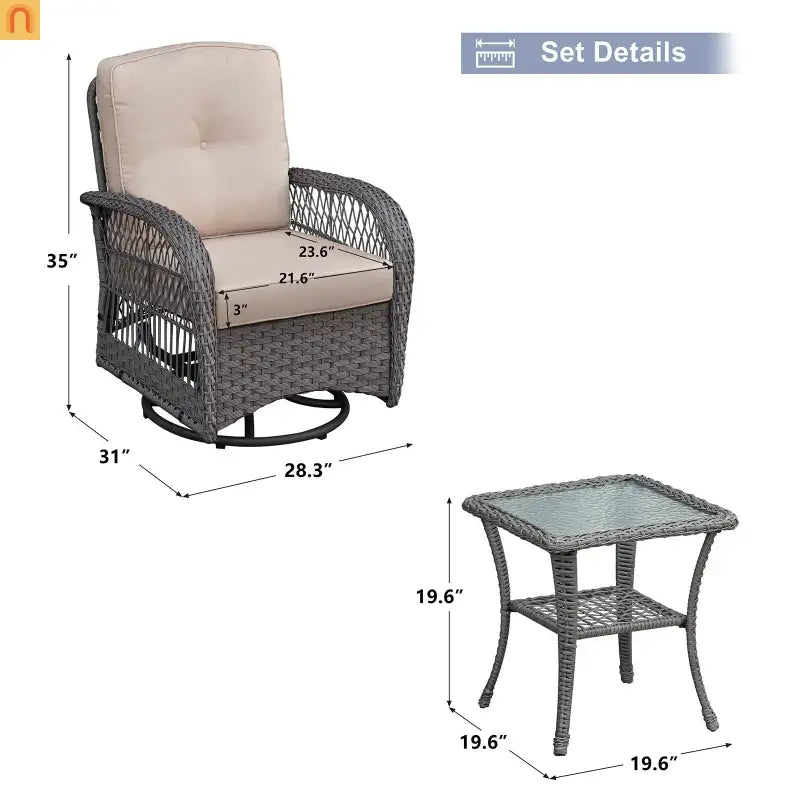 Outdoor Conversation Set Wicker Rocking Swivel Gray Glass Table 3 Piece