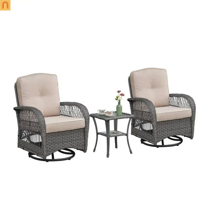 Outdoor Conversation Set Wicker Rocking Swivel Gray Glass Table 3 Piece