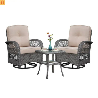 Outdoor Conversation Set Wicker Rocking Swivel Gray Glass Table 3 Piece