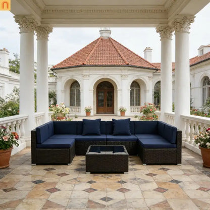 Outdoor 7 Piece PE Rattan Sectional Sofa Set Dark Blue