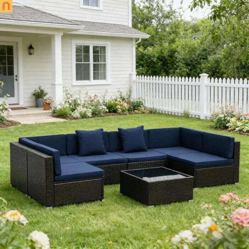 Outdoor 7 Piece PE Rattan Sectional Sofa Set Dark Blue