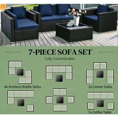 Outdoor 7 Piece PE Rattan Sectional Sofa Set Dark Blue