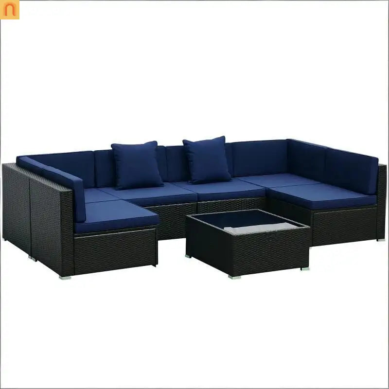 Outdoor 7 Piece PE Rattan Sectional Sofa Set Dark Blue